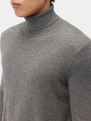 a zoomed-in shot of a gray turtleneck sweater worn by a person on a light gray background #color_dim-gray