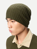 Person wearing a green ribbed knit beanie against a white background #color_avocado