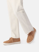 close up of white pants and almond color cashmere sneakers with white socks #color_toasted-almond
