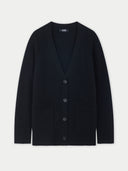 Black v-neck cardigan on a light gray background #color_black