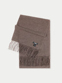 A folded brown wool scarf with fringed ends and a small black G-1000 brand tag, displayed on a clean white background.