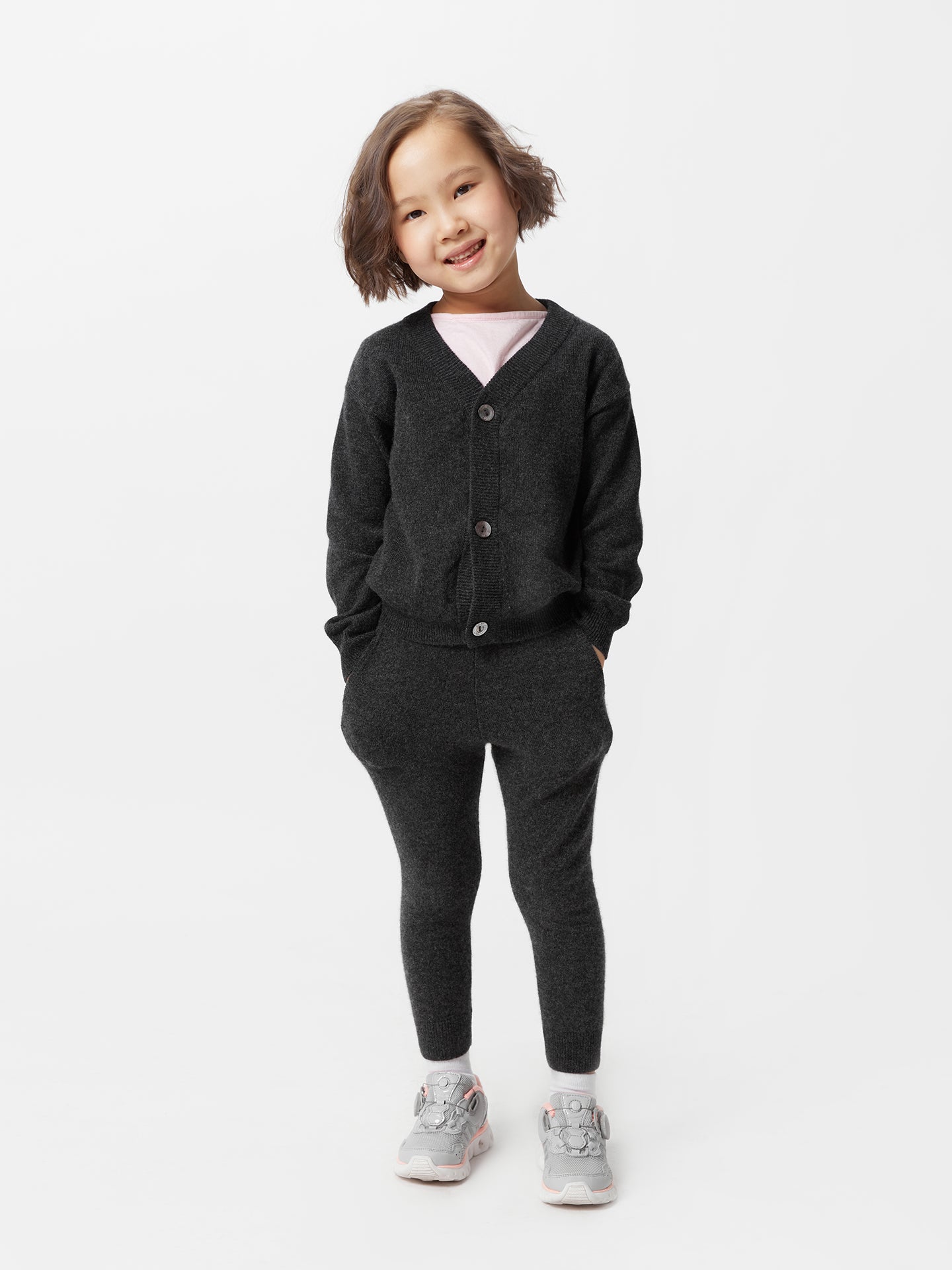 Kids Cashmere V-neck Cardigan Charcoal - Gobi Cashmere