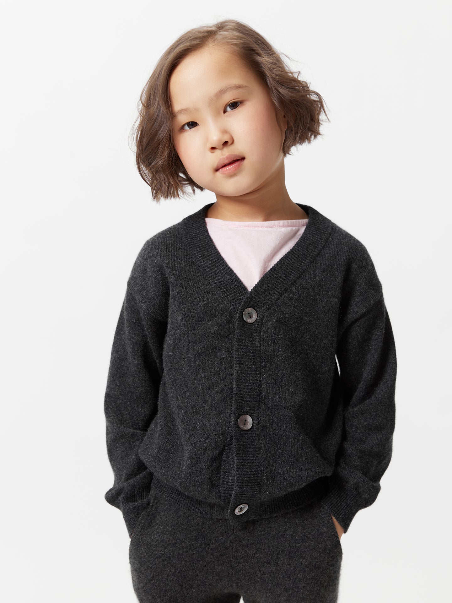 Kids Cashmere V-neck Cardigan Charcoal - Gobi Cashmere