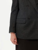close up of a dark gray blazer sleeve #color_charcoal