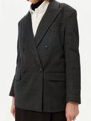 close up of a dark gray double breasted blazer #color_charcoal