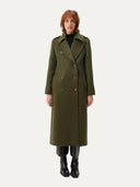 front view of a woman wearing a long double breasted olive green coat on a white background #color_avocado