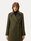 close up front view of a woman wearing a double breasted green coat on a white background #color_avocado