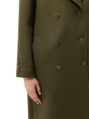 close up of a Green coat with double-breasted buttons on a white background #color_avocado