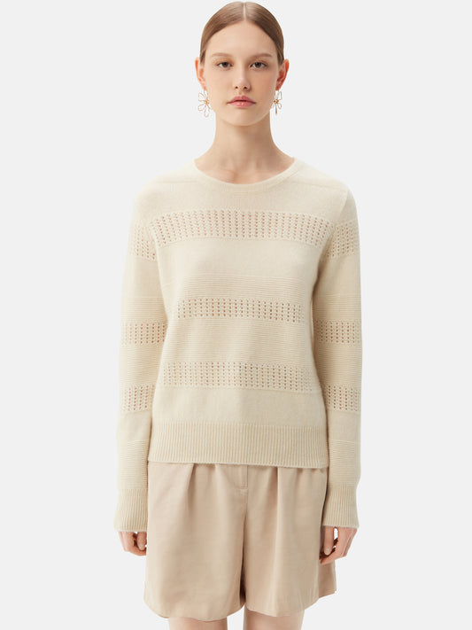 Women's Organic Colour Mixed Pattern Cashmere Crewneck Sweater Off White - Gobi Cashmere