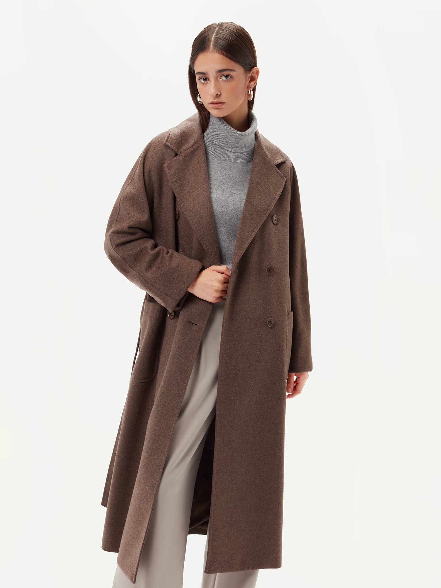 Women's Cashmere Double Breasted Long Coat Cocoa - Gobi Cashmere