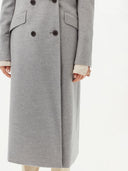 close up of a gray double breasted cashmere coat, long length #color_vapor-blue