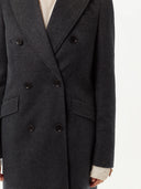 close up middle side view of a dark gray double breasted coat #color_charcoal