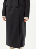 close up bottom side view of a dark gray double breasted coat, long length  #color_charcoal
