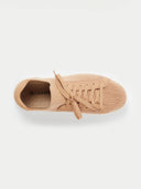 A below profile view of a low-top sneaker featuring a camel-colored knit upper and matching tied the laces. shoes inside written "CASHMERE", in a white background. #color_toasted-almond