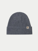 a gray beanie with a small brand logo #color_dim-gray