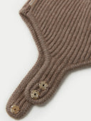 close up of brown knitted beanie with buttons on a white background  #color_taupe