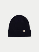 Black beanie with a brand logo on a white background #color_black