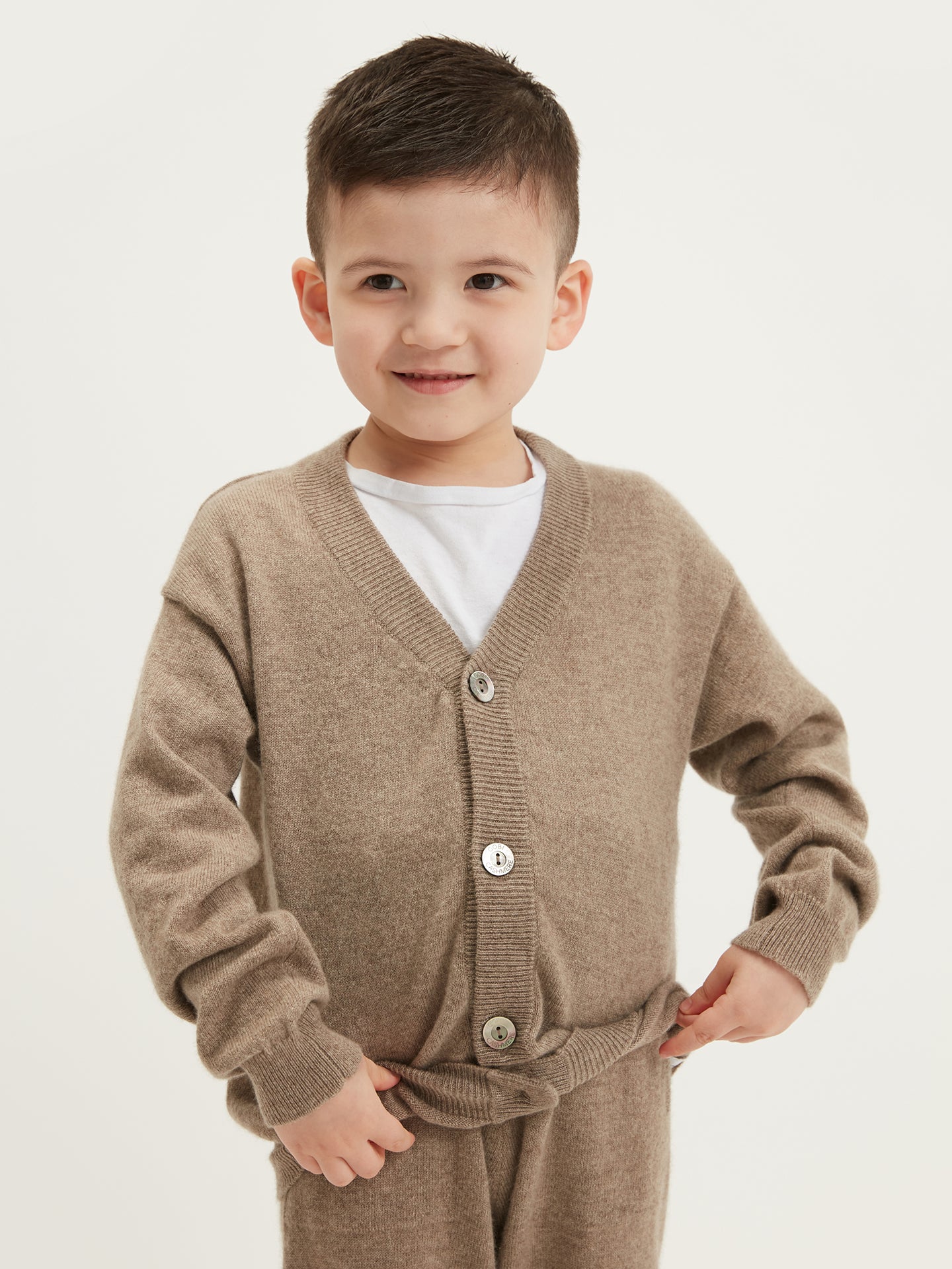 Organic Colour Cashmere Kids V-neck Cardigan Taupe - Gobi Cashmere