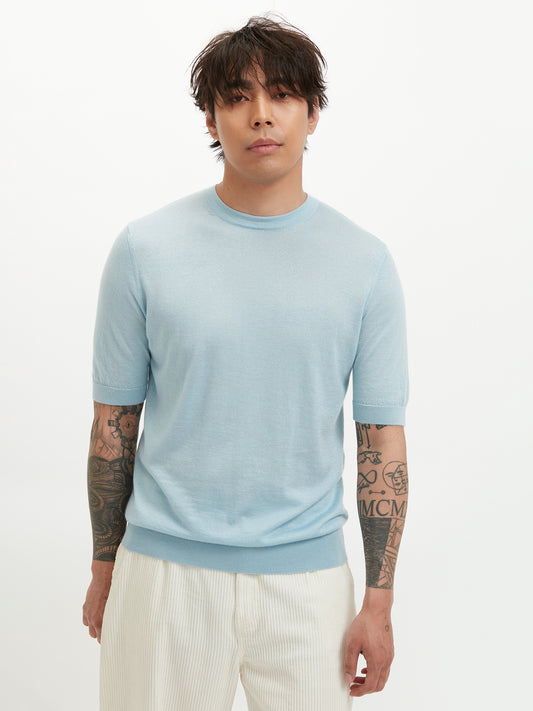 Men's Silk Cashmere Casual T-shirt Cerulean - Gobi Cashmere