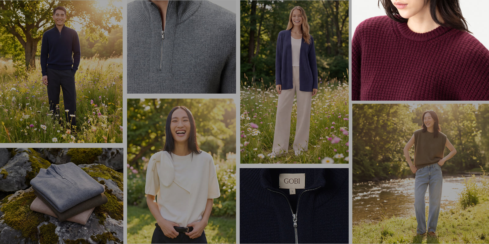 Collage of men and women wearing GOBI cashmere outdoors, with close-ups of a navy half-zip and folded sweaters