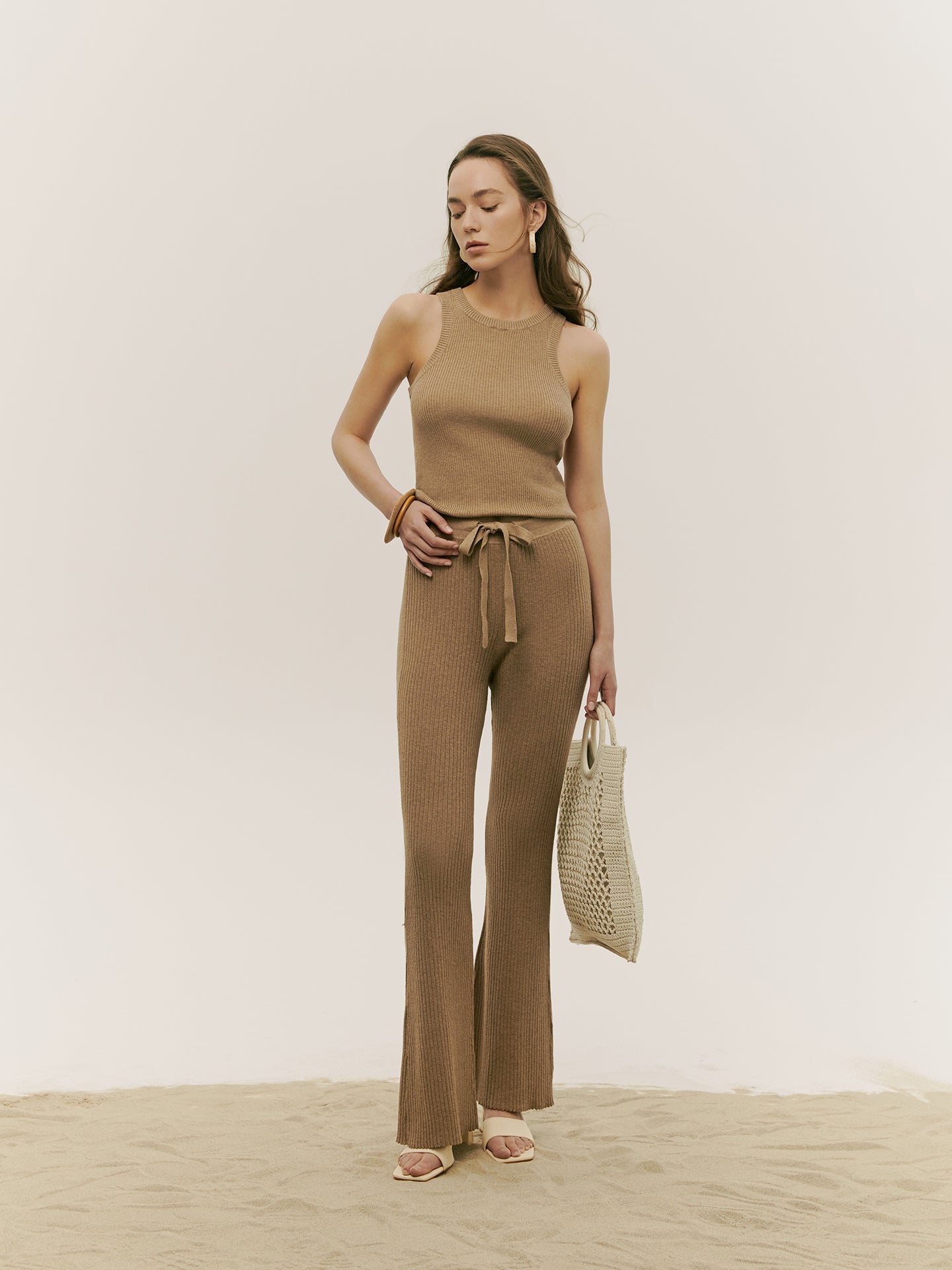 Drawstring Ribbed Cotton Silk Cashmere Blend Flares