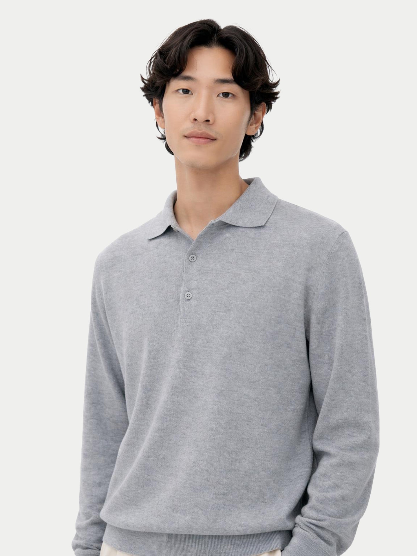 Man wearing a gray long-sleeve polo shirt against a white background #color_vapor-blue