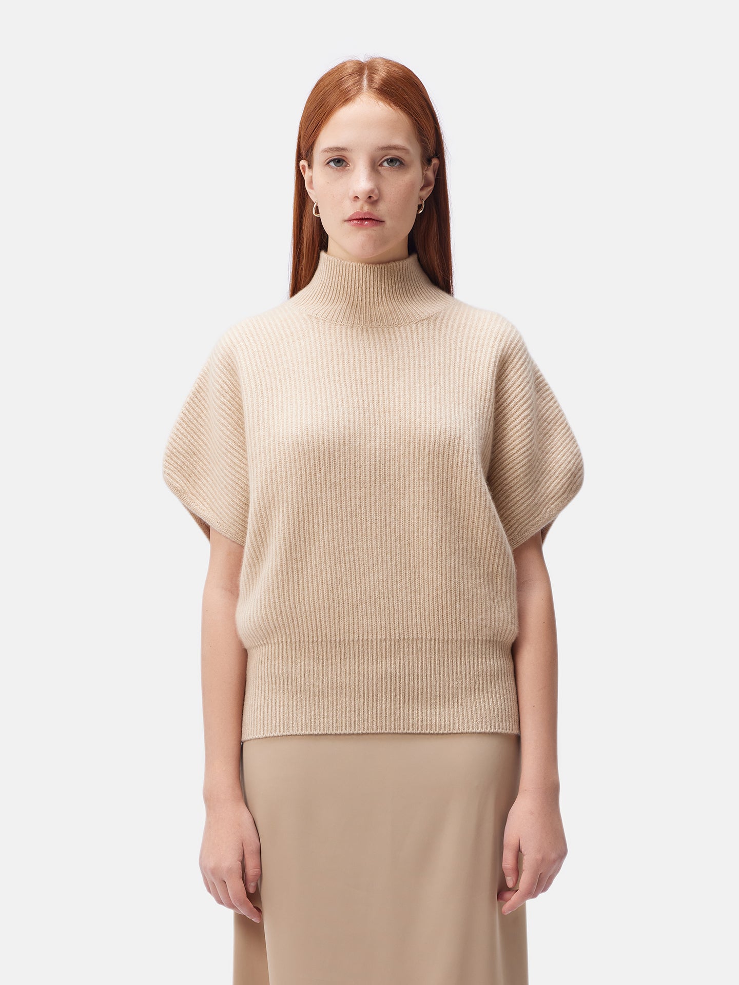 Women's Cashmere Short-Sleeve Turtleneck Beige - Gobi Cashmere