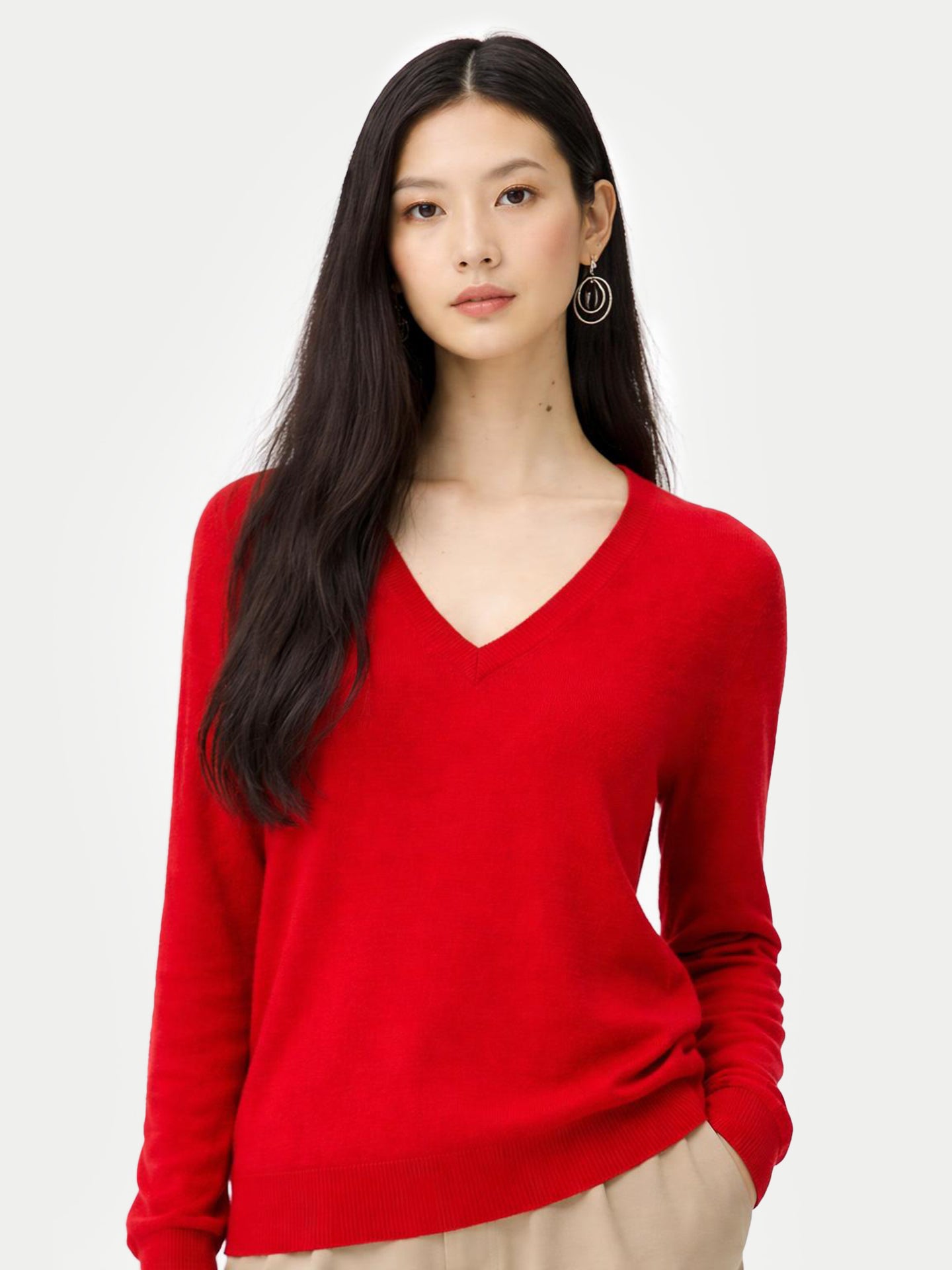 Essential Cashmere V-Neck Sweater Red - Gobi Cashmere