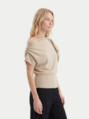 close up side view of a woman wearing a beige off-shoulder top on a white background #color_beige