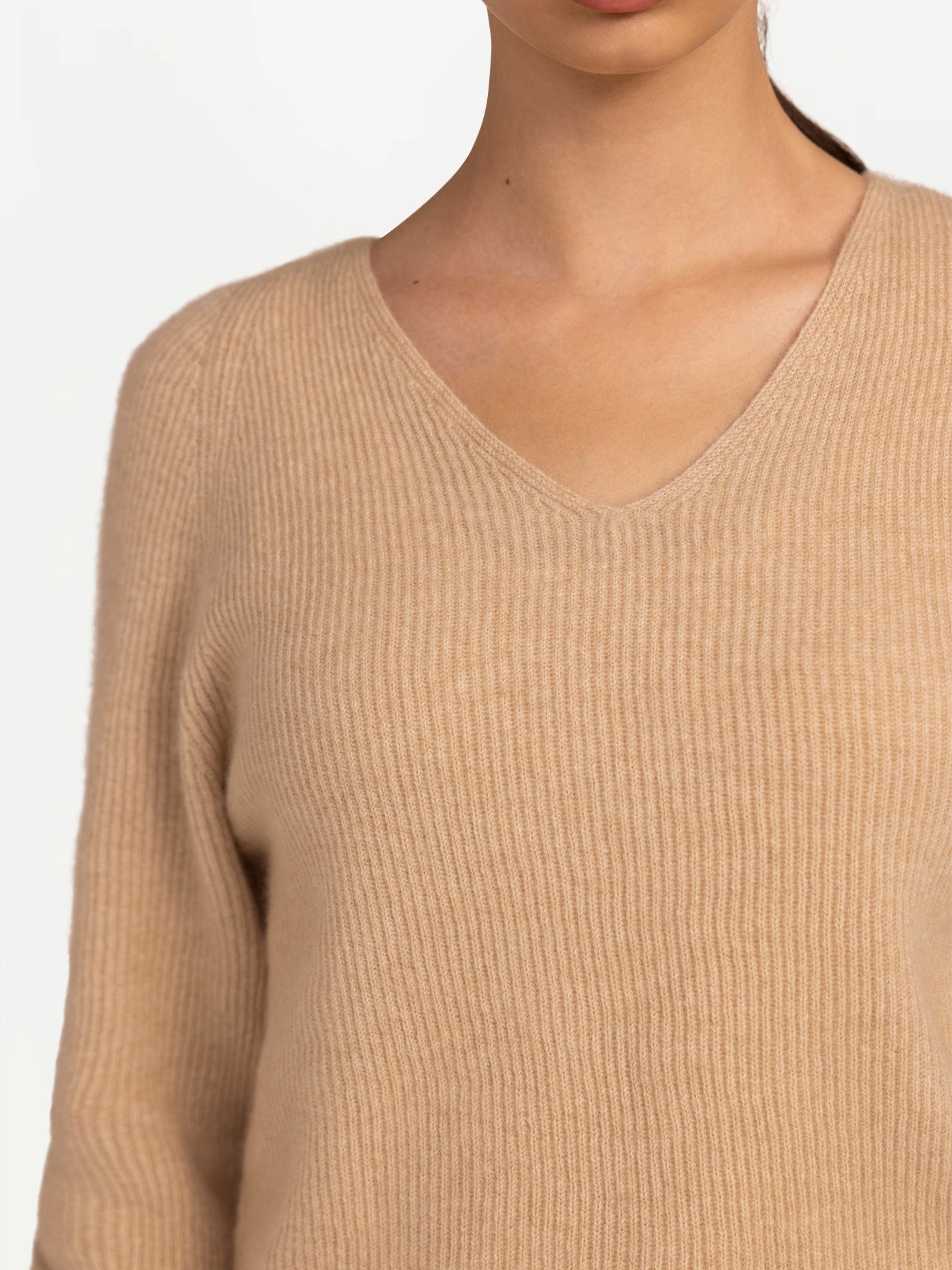 Women's Organic Colour Cashmere bishop-sleeve V-neck Sweater Beige - Gobi Cashmere