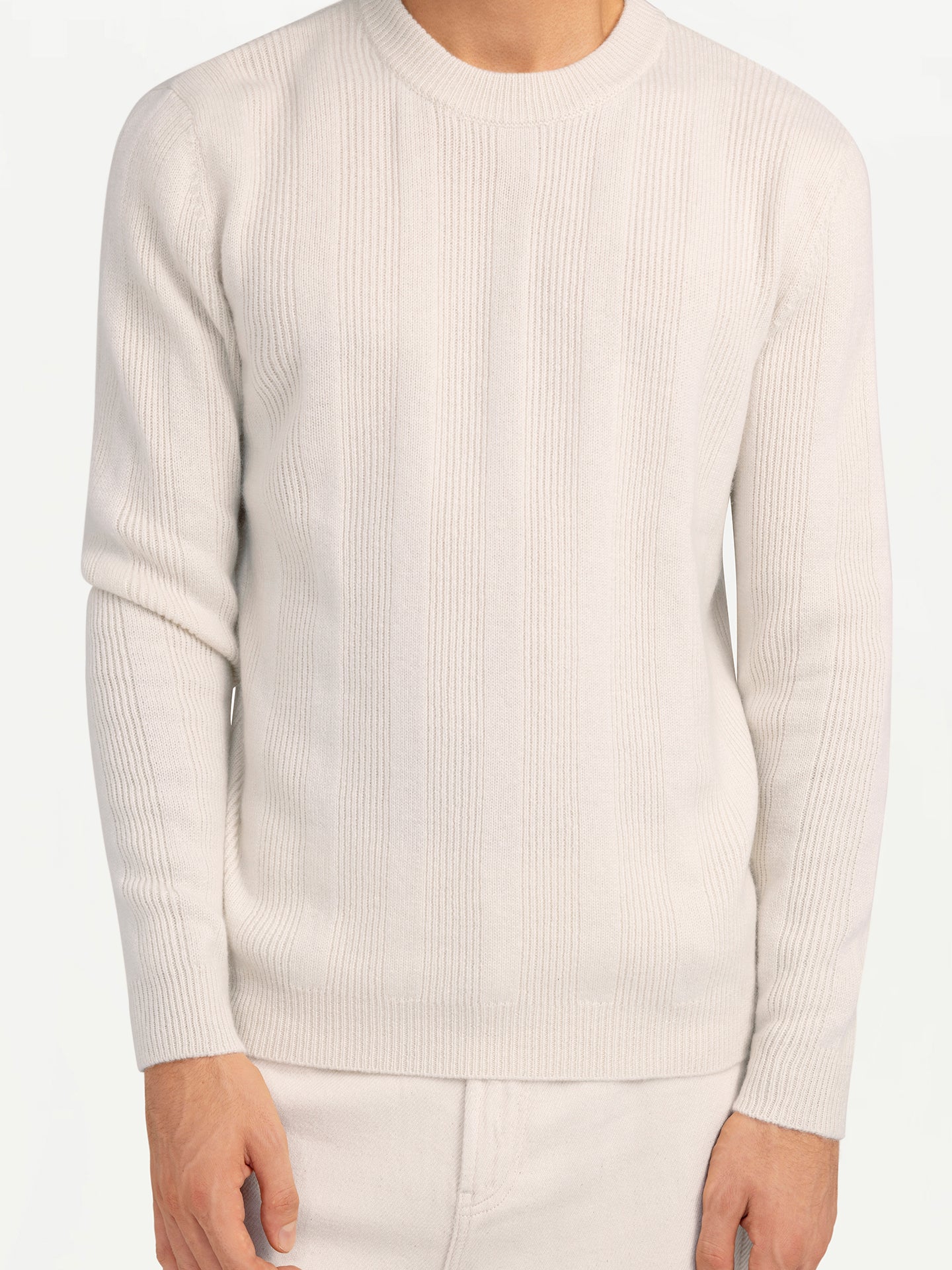 Men's Cashmere Vertical-Striped Sweater Off White - Gobi Cashmere