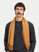 Man wearing a almond color scarf on a white background #color_almond