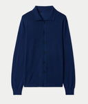 Blue button-up shirt on a light gray background