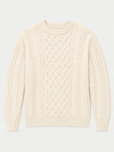 A cream-colored cable-knit crewneck sweater with a central diamond-patterned panel and ribbed cuffs and hem, shown against a plain light gray background.