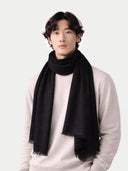 Man wearing a black scarf on a white background