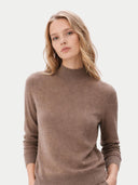 Woman wearing a brown turtleneck sweater on a light gray background #color_taupe