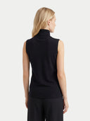 back view of a man wearing a black sleeveless turtleneck top on a white background #color_black