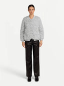 front view of a gray Loop-Stitch Cashmere Cardigan Silver Birch and Black Pants - Gobi Cashmere #color_silver-birch