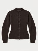 A dark brown knit cardigan sweater with a high mock neck and a vertical row of brown buttons down the front, displayed on a light gray background.
