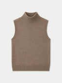 A sleeveless ribbed knit turtleneck sweater vest in a warm taupe-brown color, shown flat against a light off-white background.