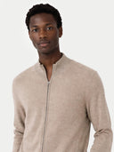 close up of a Man wearing a beige zip-up sweater against a white background #color_taupe