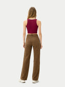 back view of Woman wearing a red top and brown pants on a white background #color_dry-rose