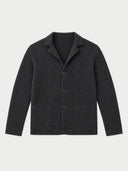 A dark charcoal gray knit cardigan sweater with a notch lapel, three-button front closure, and two front patch pockets, shown on a light gray background.