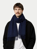 Man wearing a navy blue scarf with a plain background #color_navy