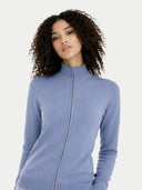 Woman wearing a light blue zip-up sweater against a plain background #color_purple-impression