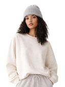 Model wearing Light Gray cashmere rib knit beanie with folded cuff, front view with cream sweatshirt amazonimage