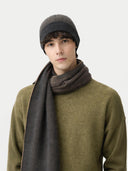 Man wearing a green sweater, gray beanie, and dark scarf on a white background #color_charcoal