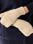 Close up of beige knitted gloves worn by a person with a dark blue background #color_beige