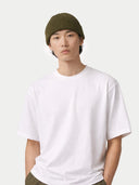 Person wearing a white t-shirt and green beanie against a plain background #color_avocado