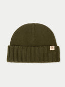 Green beanie with a brand logo on a light gray background #color_avocado